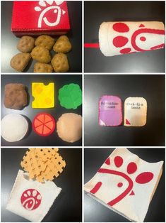 several pictures of different food items made out of felt