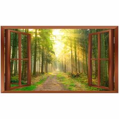 an open window with the view of a forest and dirt road in front of it