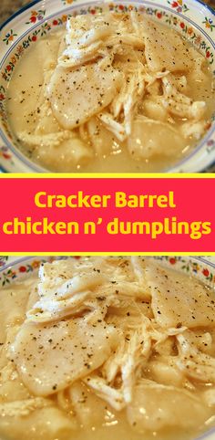 two bowls filled with chicken and dumplings in gravy