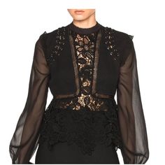 Beautiful Top With Lace And Sheer Detail. Great Condition. Luxury Evening Top With Sheer Sleeves, Luxury Evening Tops With Sheer Sleeves, Elegant Embellished Tops For Workwear, Formal Black Embellished Blouse, Designer Fitted Evening Blouse, Designer Sheer Sleeves Blouse For Party, Designer Party Blouse With Sheer Sleeves, Black Elegant Embellished Blouse, Luxury Long Sleeve Embellished Blouse