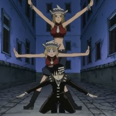 three anime characters are standing in the middle of an alleyway with their arms outstretched