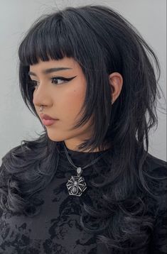 Gothic Bangs Hairstyle, Pointy Bangs Goth, Alt Girl Haircuts Long, Grown Out Mullet Hairstyle, Short Hairstyle Women Long Bangs, Long Layered Hair With Micro Bangs, Layered Micro Bangs, Goth Haircut Bangs