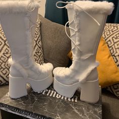 Size 8 Demonias Brand New Never Worn White Synthetic Boots For Winter, White Synthetic Winter Boots, White Synthetic Boots With Padded Heel, White Synthetic Boots With Round Toe, Trendy White Winter Heels, White Medium Width Lace-up Heels, White Synthetic Boots For Party, Winter White Heels Medium Width, White Synthetic Party Boots