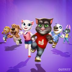 a group of cartoon cats running across a purple floor with their shadows on the ground