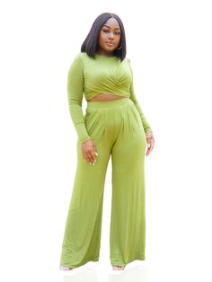 SHE'S TOP TIER WIDE LEG PANTS SET (FINAL SALE). Green Wide Leg Pants For Loungewear, Green Wide Leg Pants For Loungewear In Fall, Green Wide Leg Pants For Fall Loungewear, Green Two-piece Pant Set For Spring, Green Pant Set For Spring, Spring Green Two-piece Pant Set, Green Wide Leg Matching Set, Green Solid Color Loungewear Pants, Green Matching Set For Fall