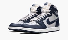 The Air Jordan 1 High ‘85 “Georgetown” is a colorway of Michael Jordan’s first signature shoe that shows appreciation to the Georgetown Hoyas, the college basketball team Jordan famously defeated to earn his first NCAA Championship in 1982. The Jordan 1 High ‘85 “Georgetown” is a near one-to-one remake of the original Air Jordan 1 High from 1985, as it features an accurate-to-original collar height and shape and panel placement, and upgraded materials. Specifically, the “Georgetown” colorway app Jordan 1 Colorways, Nike Terminator, School Sneakers, Jordan One, Original Air Jordans, Ncaa Championship, Georgetown Hoyas, Tenis Nike, Romance Art