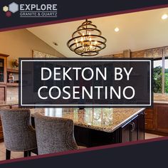 a large kitchen with granite counter tops and wooden cabinets, along with a chandelier that reads detton by cosentinoo