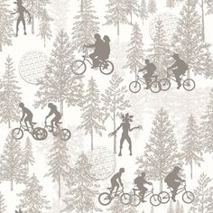 the silhouettes of people on bicycles are depicted in this seamless pattern, with trees and geometric shapes