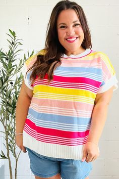 Brighten up your wardrobe with fuchsia, blue, yellow and peach striped dolman style knit sweater. The loose knit and oversized design complete this stunning top. Dolman Sleeves + Striped + Knit No Stretch 100% ACRYLIC Designed in California MADE IN CHINA Fits Oversized Weight: .625 Lbs; plus .813 Lbs Bust (side seam to side seam): S 23" M 24" L 25" 1X 27" 2X 28" 3X 29" Length (shoulder to hem): S 26" M 27" L 28" 1X 30" 2X 31" 3X 32" Regular Model Measurements: 5’ 6”, Size Small, Bust 34 C, Waist Denim Short Dresses, Stunning Tops, Loose Knit, Boutique Tops, Striped Short, Denim Leggings, Fall Shopping, Sweater And Shorts, Striped Knit