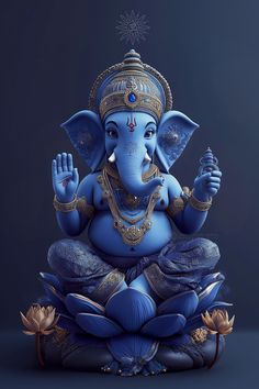 the statue of an elephant is sitting on top of a lotus flower and holding its trunk in one hand