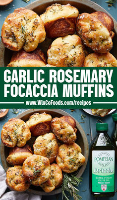 garlic rosemary focaccia muffins in a pan with herbs on the side