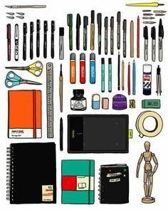 an assortment of office supplies including pens, scissors and markers