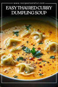 This Easy Thai Red Curry Dumpling Soup is a warm, aromatic dish packed with Thai flavors. The combination of creamy coconut milk, spicy curry paste, and tender dumplings makes for a comforting and satisfying meal that’s perfect for chilly evenings or when you need a flavorful pick-me-up. Easy Thai Red Curry, Thai Red Curry Soup, Dumpling Soup Recipe, Thai Soup Recipes, Spicy Soup Recipes, Thai Curry Soup, Thai Coconut Curry Soup, Zuppa Soup, Red Curry Recipe