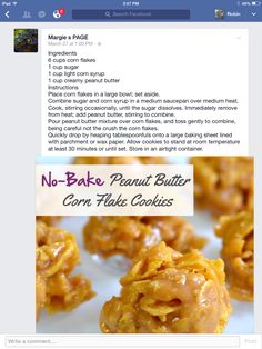 the recipe for no bake peanut butter corn flakes cookies is displayed on a facebook page