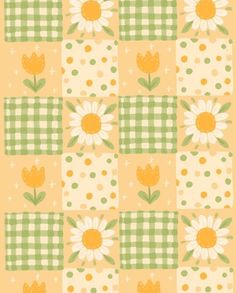 a yellow and green checkered fabric with white flowers on the front, and polka dot dots