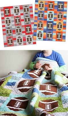 a child laying in bed next to two quilts on the wall and one has a football