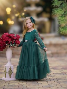 Hunter Green Long Sleeve Lace & Tulle Flower Girl Dress, Kids Dress for Boho Wedding, Girls Fancy Christmas Dress, Childrens Birthday Dress - Etsy Forest Green Flower Girl Dress, Dark Green Flower Girl Dresses, Flower Girl Dresses Green, Christmas Wedding Flower Girl, Children Wedding Dress, Christmas Wedding Flowers, Green Flower Girl Dresses, Girl Green Dress, Fancy Christmas