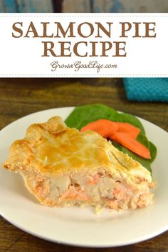 salmon pie recipe on a plate with spinach leaves and carrots in the background