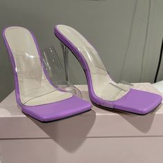 Brand New Purple Clear Pvc Heels Sz9 Summer Purple Heels With 4-inch Heel, Purple Heels With 4-inch Heel For Summer, Casual Purple High Heel Sandals, Purple 4-inch Heel Summer Heels, Purple Summer Heels With 4-inch Heel, Purple Square Toe Heels For Party, Casual Purple Synthetic Heels, Trendy Purple Open Heel Heels, Casual Purple Sandals For Party