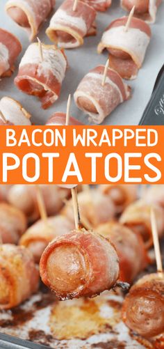 bacon wrapped potatoes on skewers with text overlay