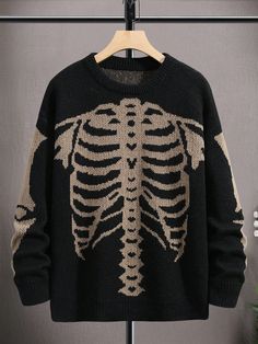 Men's Casual Color Block Skull Pattern Sweater, Autumn/Winter Halloween Halloween  Halloween Sweater Khaki Casual,Street  Long Sleeve Knitwear Halloween Pullovers Slight Stretch  Men Clothing, size features are:Bust: ,Length: ,Sleeve Length: Pattern Sweaters, Cross Sweater, Sweaters Men, Guys Clothing Styles, Halloween Sweater, Graphic Sweaters, Sweater Fits, Drop Shoulder Sweaters, Mens Winter Fashion