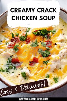 Indulge in a Cozy Creamy Crack Chicken Soup filled with shredded chicken, bacon, and cheese. This easy-to-make soup promises comfort on chilly evenings. Cheap Chicken Soup Recipes, Easy Crockpot Soup Recipes, Instapot Ideas, Spring Village, Chicken Soup Crockpot, Chicken Soup Recipes Easy, Raw Chicken Breast, Chicken Soup Recipe, Creamy Chicken Soup