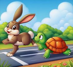 a rabbit and a turtle running across the road