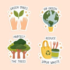 four stickers with different types of green things in the shape of hands and trees