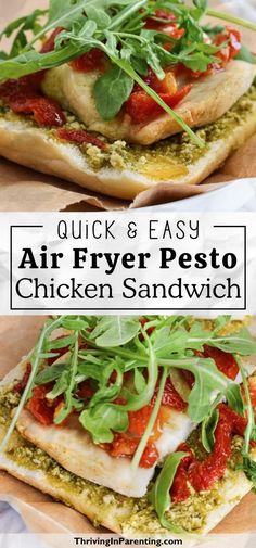 an easy and quick air fryer pesto chicken sandwich with fresh herbs on top