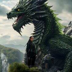 a man standing next to a giant dragon on top of a mountain in front of a cloudy sky