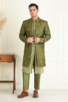 Shop for Priyanka Jain Green Silk Aari Embroidered Sherwani Set for Men Online at Aza Fashions Aari Thread Work, Open Sherwani, Embroidered Sherwani, Kurta Cotton, Silk Pant, Silk Kurta, Cotton Kurta, Thread Embroidery, Silk Pants