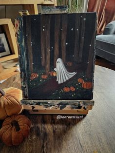 Spooky Ghost forest painting, Halloween, pumpkins, Painting Halloween Canvas, Halloween Simple Paintings, Halloween Painting Acrylic, Diy Halloween Painting Ideas, Paintings Ideas Halloween, Fall Inspired Painting Ideas, Fall Painted Canvas Ideas