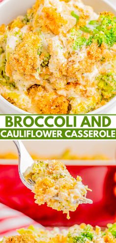 broccoli and cauliflower casserole in a white bowl