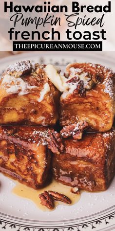 french toast on a plate with syrup and powdered sugar