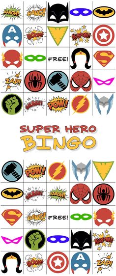 an image of a bunch of different logos on a white background with the words super hero bingo