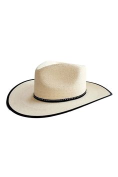 SIZE MEDIUM 57- 58 CM 22 1/2"- 22 7/8" STYLE WESTERN HAT MATERIAL FINE PALM LEAF COLOR RAW STRAW BAND STUDDED CORD AND LEATHER CORD. BLACK TRIMMING ON THE BRIM. BRIM 3.5" CROWN 4" FITTED LEATHER SWEATBAND OR ELASTIC INNER BAND, INTERIOR LINING SHAPE STRUCTURED HAT- NO MASS PRODUCTION THIS PRODUCT IS FINAL SALE + NOT ELIGIBLE FOR RETURNS ONLY EXCHANGE. Fitted Flat Brim Sun Hat For Rodeo, Fitted Sun Hat For Kentucky Derby, Fitted Sun Hat For Kentucky Derby At Ranch, Western Style Fitted Sun Hat With Flat Brim, Fitted Toquilla Straw Hat Band For Ranch, Classic Panama Hat With Flat Crown For Country Events, Elegant Sun Hat With Curved Brim For Rodeo, Elegant Curved Brim Sun Hat For Rodeo, Classic Fitted Panama Hat For Rodeo