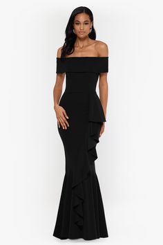 "Carina" Long Off the Shoulder Ruffle Dress - Betsy & Adam Black Formal Dress Long Classy, Black Gown Elegant Classy, Off The Shoulder Ruffle Dress, Neutral Dresses, Shimmery Dress, Ruffle Gown, Military Ball Dresses, Shoulder Ruffle Dress, Off Shoulder Dresses