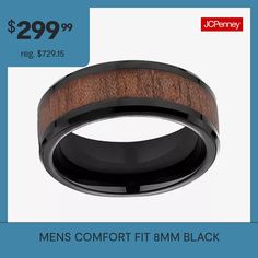 men's comfort fit 8mm black ceramic ring with wood inlay