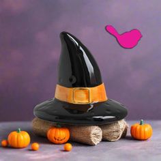 a black witch hat sitting on top of a piece of wood next to small pumpkins