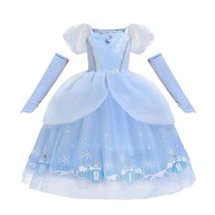 PRICES MAY VARY. Gorgeous classical blue princess costume ball gown inspired by glass slippers princess. Comes with a pair of sleevelet arm mitts for a complete elegant look! Fully lined cotton bodice with puffed organza sleeves. A mesh bodice overlay with sequined floral pattern and silver trims, embellished with ruffles and a detachable flower brooch pin at square neckline. Floor length layered dress is comprised of 3 layers of tulle and a layer of cotton underskirt lining to create fullness. Princess Dress Fairytale, Baby Costumes Girl, Princess Tutu Dress, Halloween Princess, Halloween Supplies, Princess Tutu, Chic Skirts, Performance Dresses, Dress Up Outfits