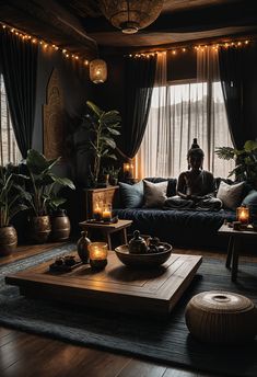 a buddha statue sitting on top of a couch in a living room next to a window