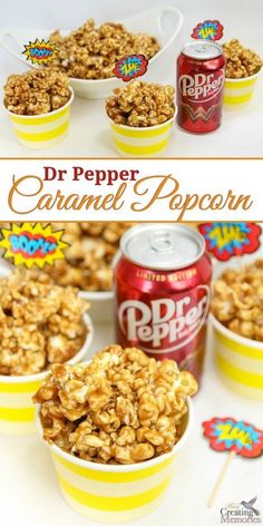 some food is in small bowls and on the table next to a can of dr pepper caramel popcorn