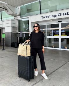 Click the link to shop details on LTK Frank And Eileen, Comfy Travel Outfit, Comfy Travel, Long Black Coat, Frank & Eileen, Straw Tote Bag