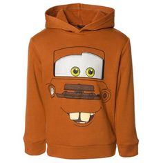 a brown hoodie with an image of a car on the front and eyes painted on it