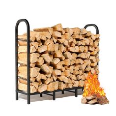 a stack of firewood next to a pile of logs on a stand with a flame coming from it