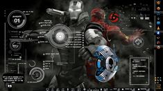 a computer screen with an image of iron man in the center and various symbols on it