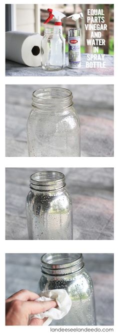 three pictures showing how to clean glass jars