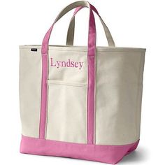 a white and pink tote bag with the word lyndsey on it