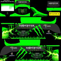 the monster energy decals are green and black, with lightning coming out of them