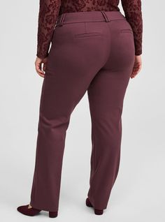 FIT High rise. . Relaxed tapered leg. . Inseam: Short: 29”, Reg: 31”, Tall: 32”. MATERIALS + CARE Luxe Ponte knit fabric: Our signature work (any) wear fabric with office-approved tailoring, WFH stretch and comfort, and curve-loving hold. Plus, it’s machine washable! Stretch level: Maximum. 68% rayon, 28% nylon, 4% spandex. Machine wash cold. Line dry. Imported. DETAILS Button fly closure. . The best plus size women's short, petite trouser straight studio luxe ponte pant flare & pants in sassafr Burgundy Full Length Bottoms For Work, Burgundy Full Length Bottoms For Workwear, Burgundy Stretch Pants For Workwear, Burgundy Full-length Bottoms For Workwear, Solid Straight Pants With 4-way Stretch, Straight Pants With Hip Pockets And 4-way Stretch, Burgundy Fitted Straight Pants, Stretch Burgundy Trousers, 4-way Stretch Straight Pants With Hip Pockets